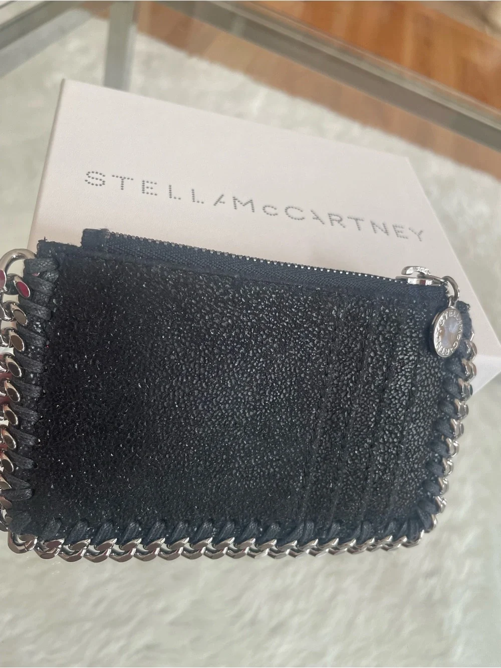 Stella McCartney Falabella Black Card Pouch with Silver Chain Trim